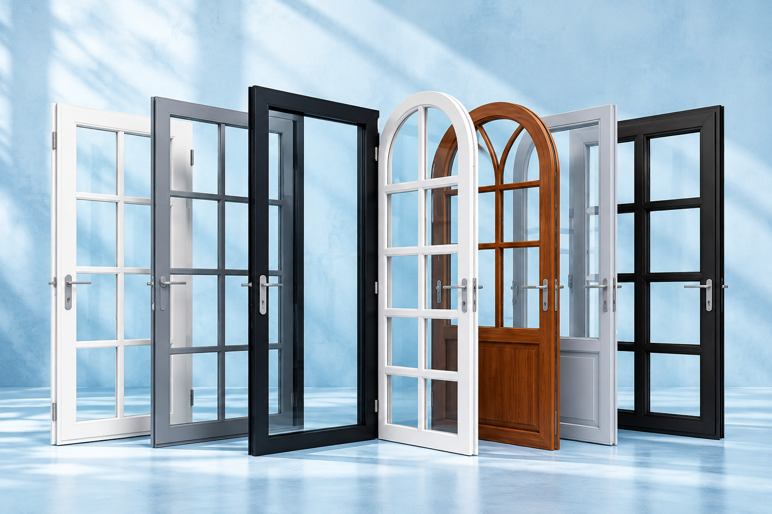 uPVC and aluminium windows and doors against a cool blue studio backdrop